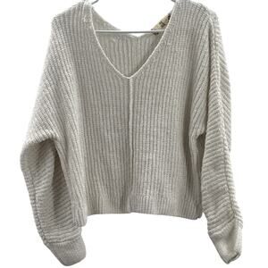 Pink Rose V Neck Sweater Winter White with Silver Medium